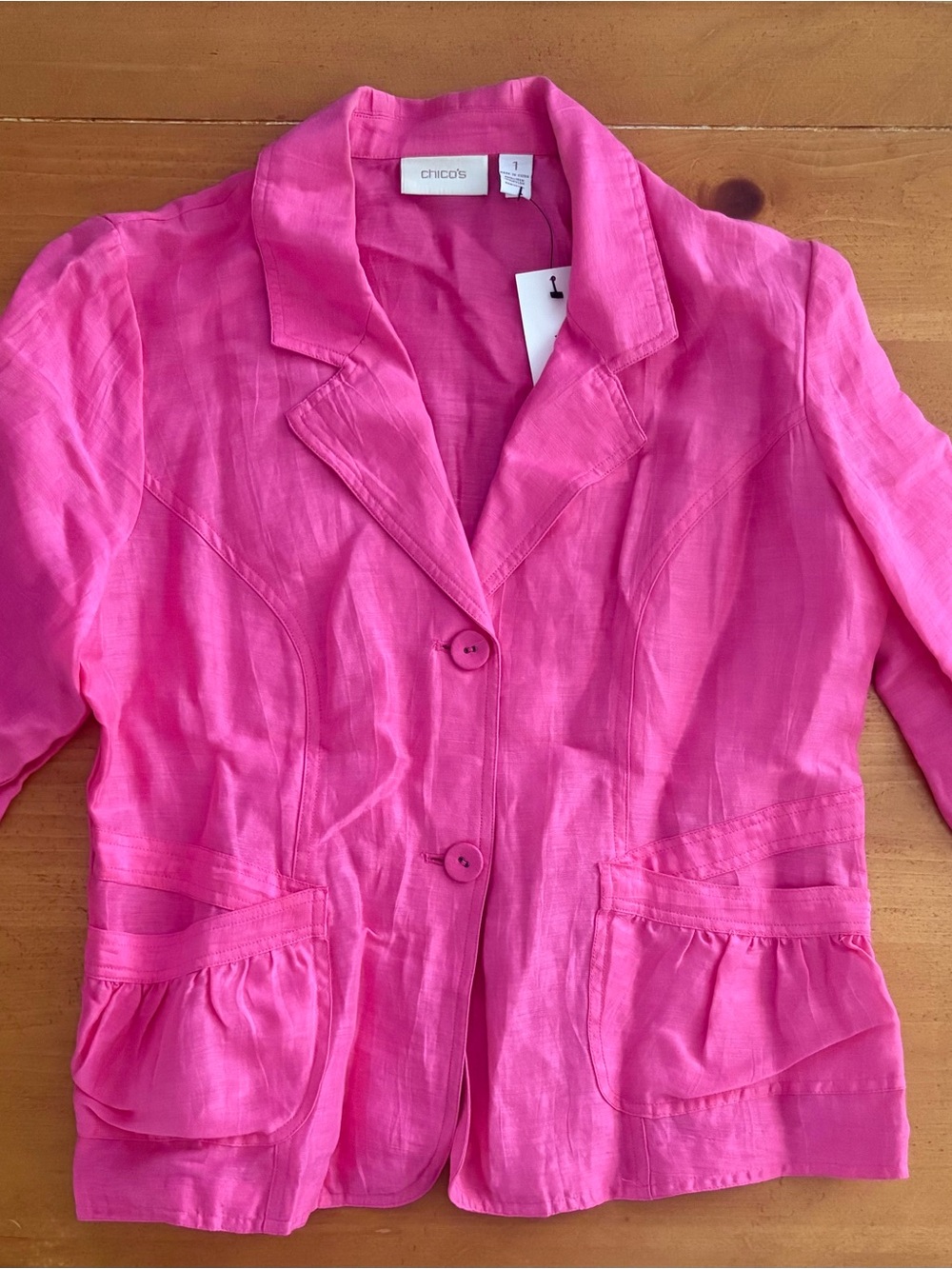 Chicos Women’s 2-Pocket/2 Button Pink Blazer, Linen & Nylon, Size 1